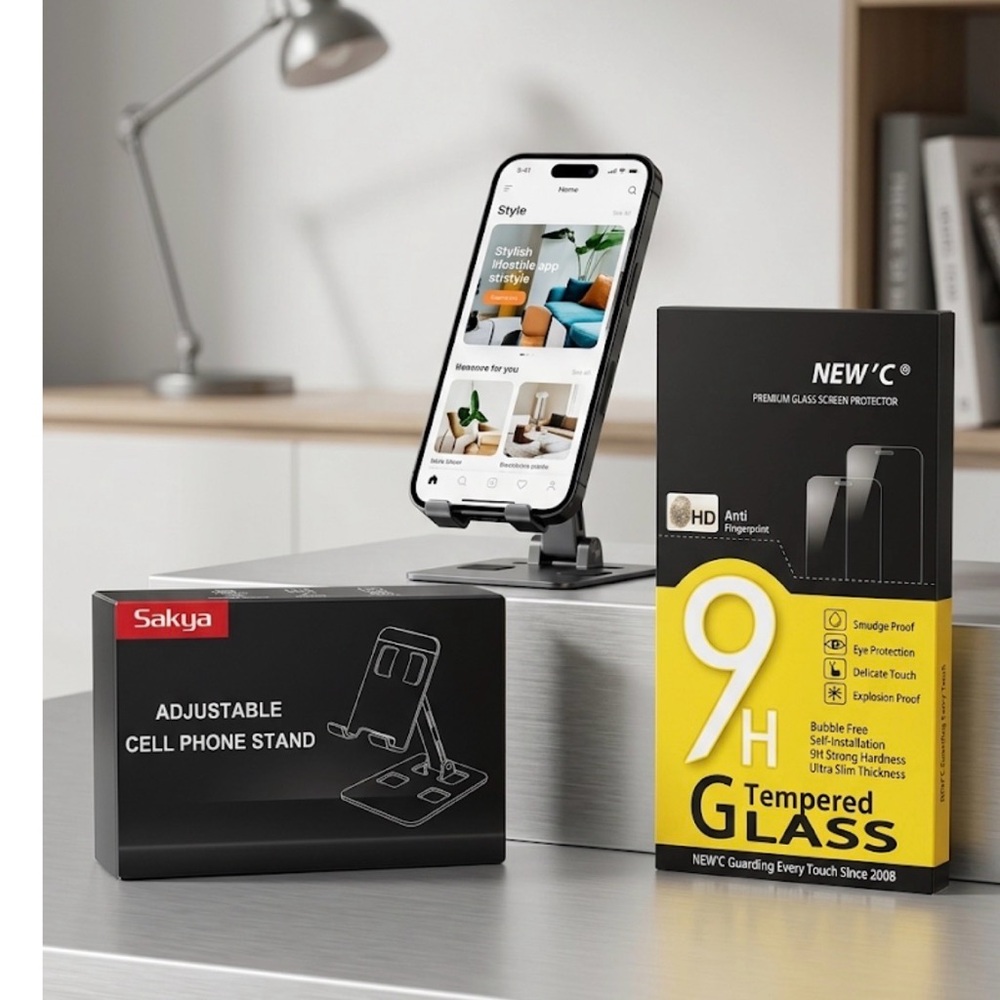 Silver Foldable Phone Stand + NEW’C 3 Pack Tempered Glass for iPhone 16/17 Pro
